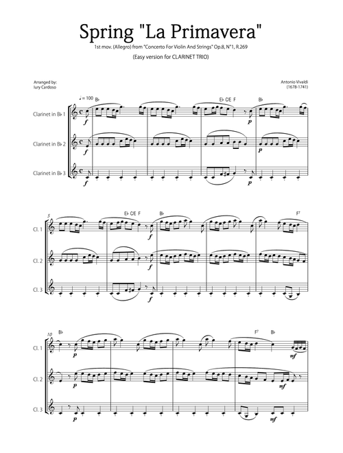 "Spring" (La Primavera) by Vivaldi - Easy version for CLARINET TRIO (Arr. Iury Cardoso) - Antonio Vivaldi (Woodwind Ensemble)