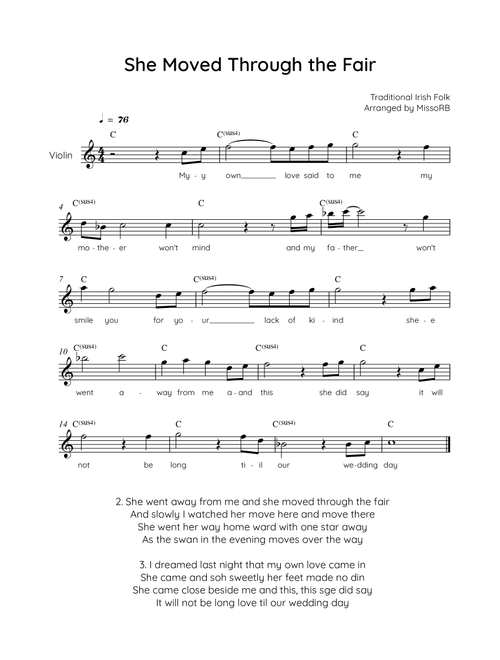 She Moved Through the Fair - Violin in C with Chords and Lyrics - Easy (Arr. MissoRB) - Traditional Irish Folk Song (Violin Solo)