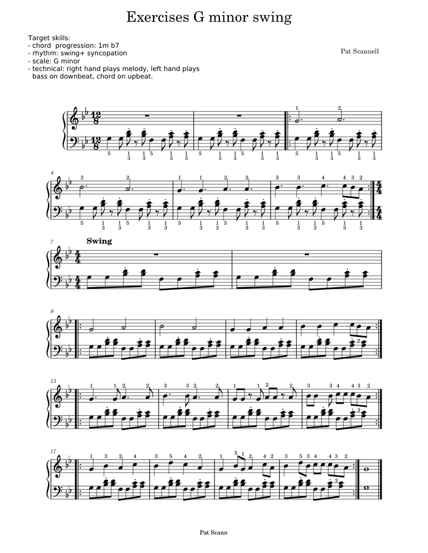 Swing in G minor exercises (beginner piano lesson) Sheet