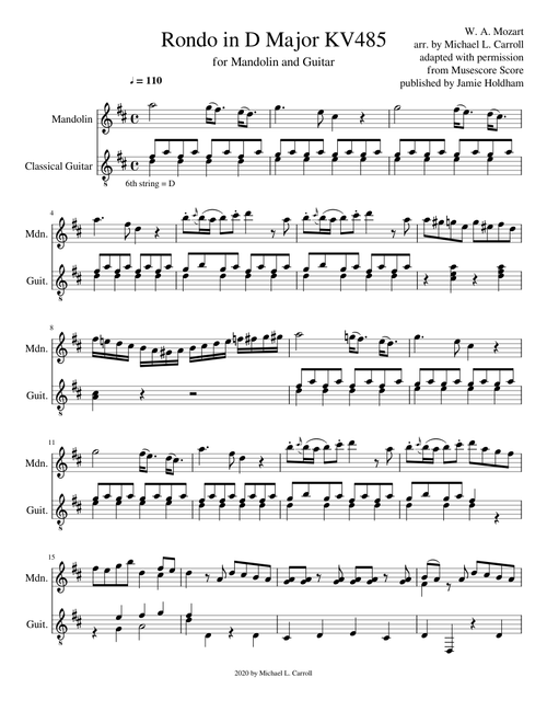 Rondo in D Major KV48, arranged for Mandolin and Guitar
