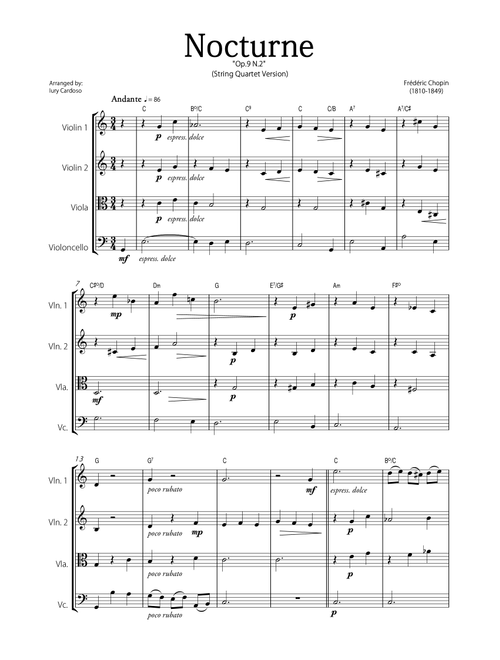 "Nocturne" (Chopin) - Beautiful EASY version for STRING QUARTET. (Arr. Iury Cardoso) - Frédéric Chopin (String Quartet)