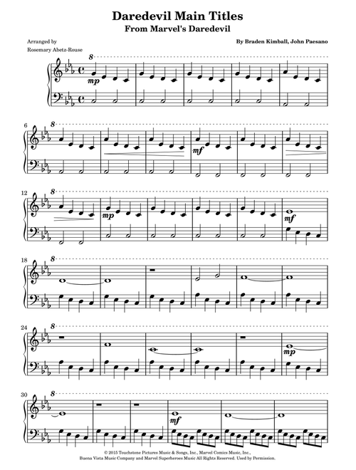 Daredevil Main Titles (Arr. Rosemary Abetz-Rouse) - John Paesano, Braden Kimball (Easy Piano)