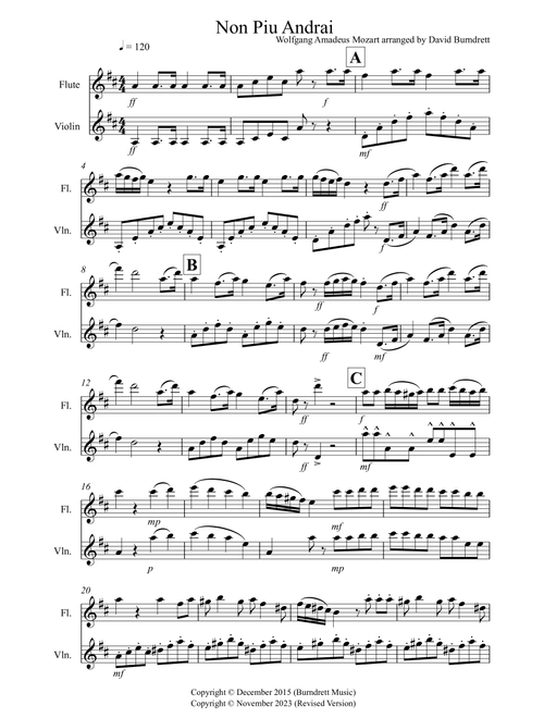 Non Piu Andrai for Flute and Violin Duet (Arr. David Burndrett) - Wolfgang Amadeus Mozart (Instrumental Duet)