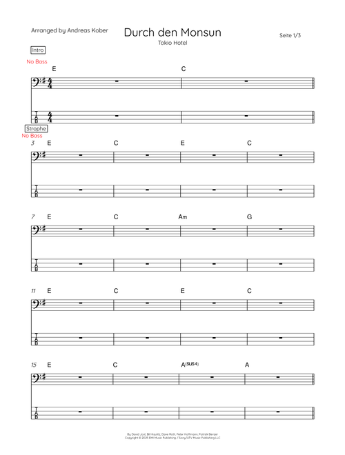 Durch Den Monsun (Arr. Andreas Kober) - Tokio Hotel (Bass Tab)
