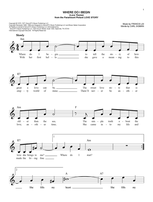 Where Do I Begin (Love Theme) (from Love Story) - Andy Williams (Easy Lead Sheet - Fake Book)
