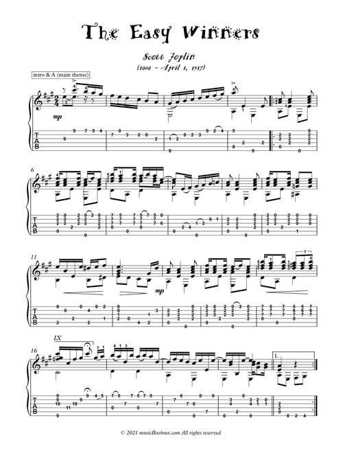 The Easy Winners guitar ragtime fingerstyle (Arr. PianoSheetNow) - Scott Joplin (Guitar Tab)