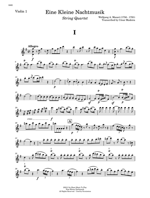 Eine Kleine Nachtmusik (1 mov.) - String Quartet (Individual Parts) (Arr. César Madeira) - Wolfgang Amadeus Mozart (String Quartet)