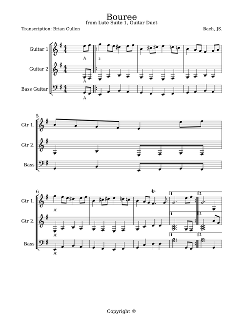 Bach, JS. Lute Suite #1. Bouree Eminor for Students in Guitar and Bass trio