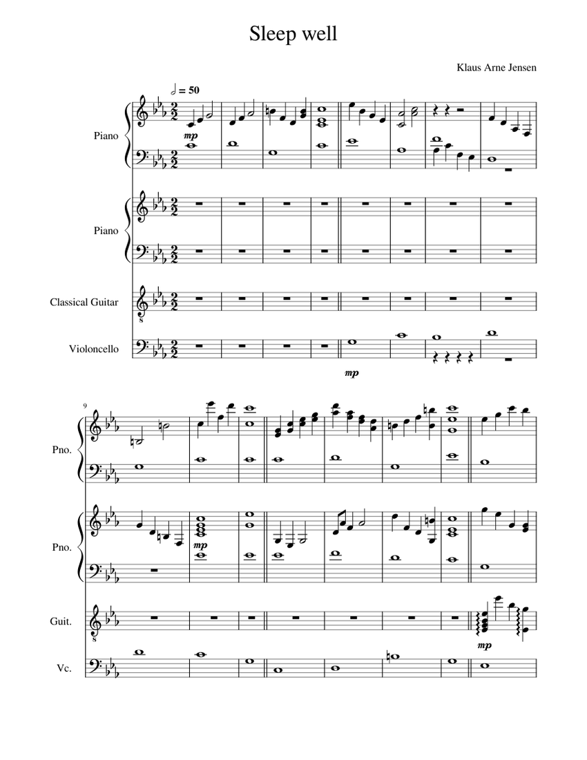 Sleep well Sheet music for Piano, Cello, Guitar (Mixed Quartet ...
