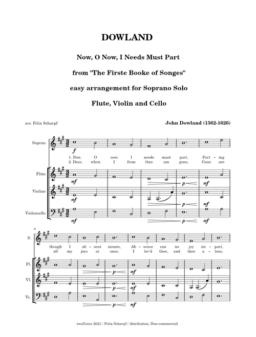 Dowland, John - Now, O Now - easy arr. for Soprano Solo, Flute, Violin and Cello