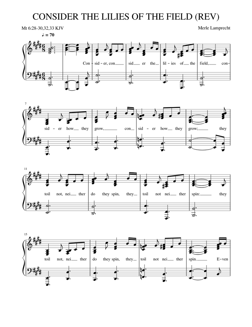 CONSIDER THE LILIES OF THE FIELD REV Sheet Music for Piano (Church Choir) easy | MuseScore.com