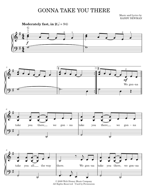 Gonna Take You There - Jim Cummings, Randy Newman, The Princess And The Frog Movie (Easy Piano)
