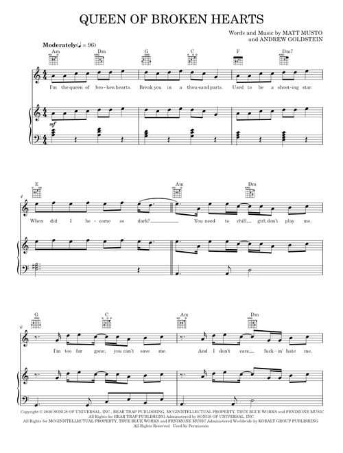 Queen of Broken Hearts - Blackbear (Piano-Vocal-Guitar)