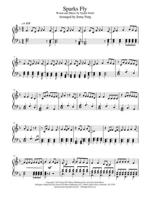 Sparks Fly (Arr. Jenny Pang) - Taylor Swift (Piano Vocal)