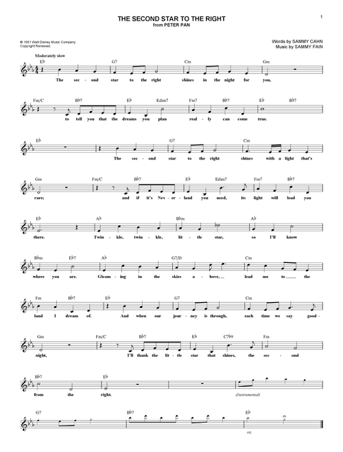 The Second Star To The Right (from Peter Pan) - Sammy Cahn, Sammy Fain (Lead Sheet - Fake Book)