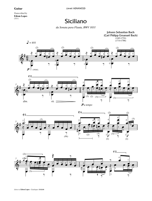 Siciliano, BWV 1031 (Arr. Edson Lopes) (Solo Guitar)