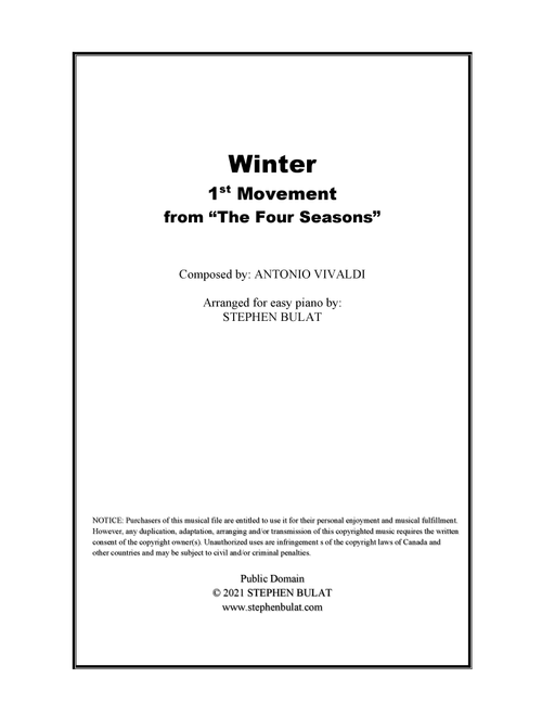 Winter - 1st Movement from "The Four Seasons" (Vivaldi) - Arranged for easy piano (Arr. Stephen Bulat) - Antonio Vivaldi (Easy Piano)