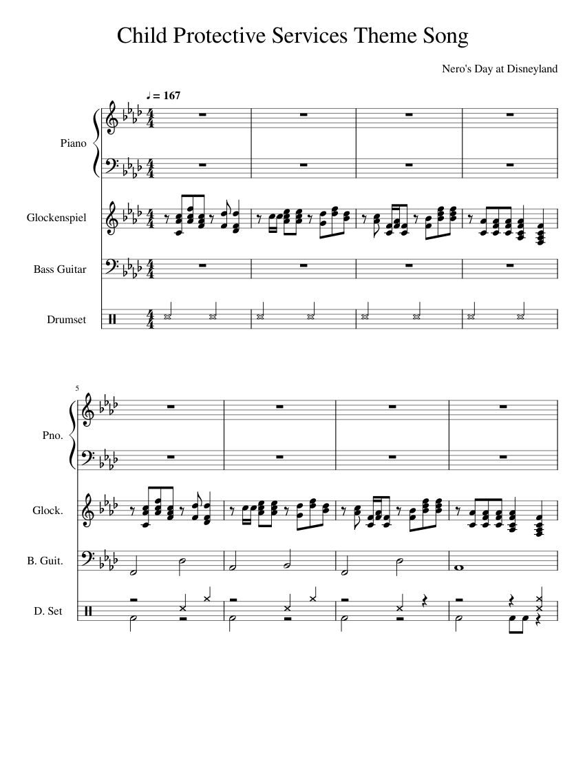 Child Protective Services Theme Song Sheet music for Piano, Glockenspiel, Bass guitar, Drum