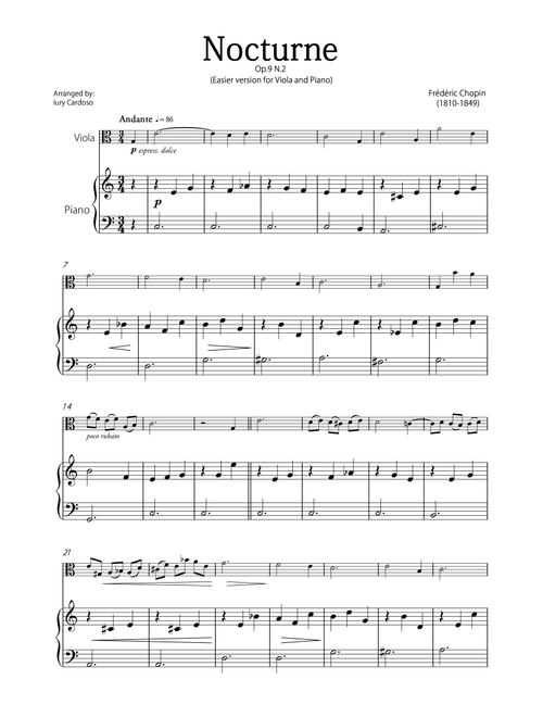"Nocturne" (Chopin) - Beautiful EASY version for VIOLA and PIANO. (Arr. Iury Cardoso) - Frédéric Chopin (Viola and Piano)