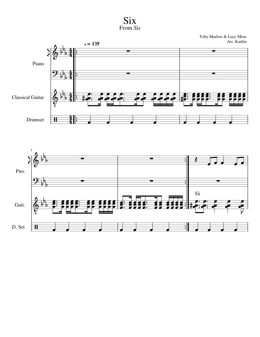 Six From Six the Musical Sheet music for Piano, Guitar, Drum group