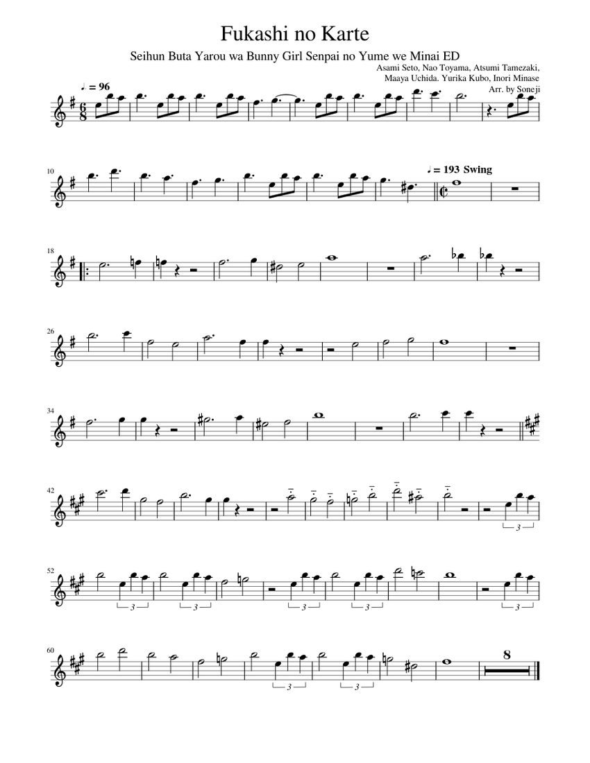 Fukashi no Karte Sheet Music for Saxophone tenor (Solo