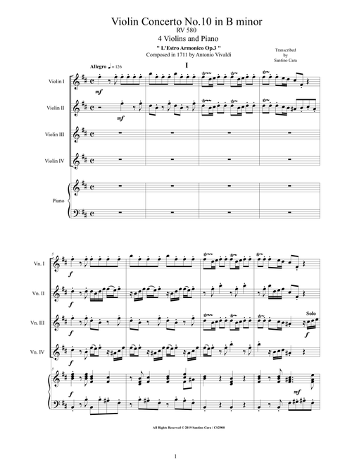 Vivaldi - Violin Concerto No.10 in B minor RV 580 Op.3 for 4 Violins and Piano - Score and Parts (Arr. Santino Cara) - Antonio Vivaldi (String Ensemble)