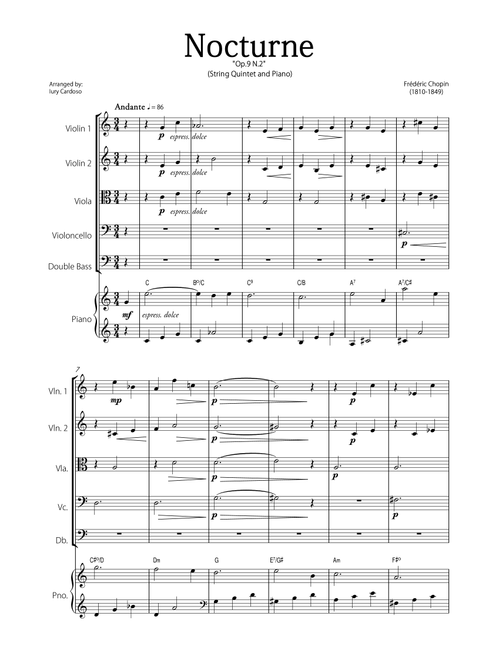 "Nocturne" (Chopin) - Beautiful EASY version for STRING QUINTET and PIANO. (Arr. Iury Cardoso) - Frédéric Chopin (String Ensemble)