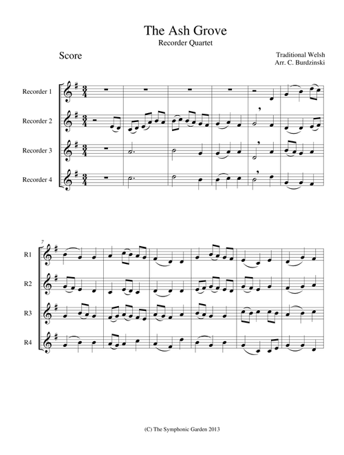 The Ash Grove - recorder or flute quartet (Arr. C. Burdzinski) - Traditional Welsh (Woodwind Ensemble)