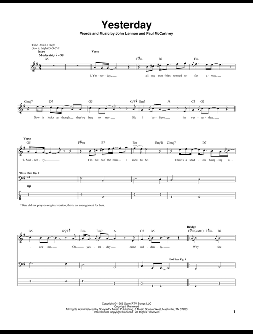 Yesterday - The Beatles (Bass Tab)