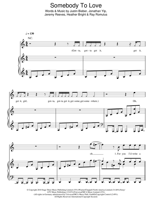 Somebody To Love - Glee Cast, Justin Bieber (Piano-Vocal-Guitar (Piano Accompaniment))