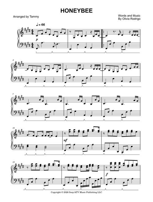 Honeybee (Arr. Tammy) - Olivia Rodrigo (Piano Solo)