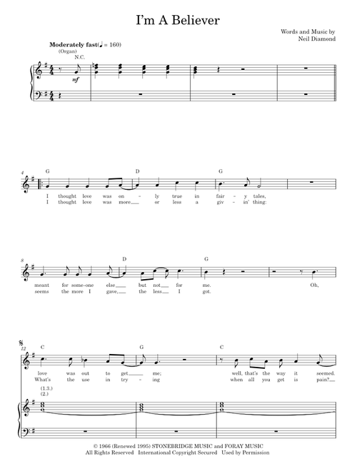 I'm A Believer - Neil Diamond, The Monkees (Piano Vocal)