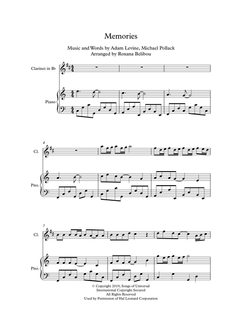 Memories (Arr. Roxana Belibou) - Maroon 5 (Clarinet and Piano)