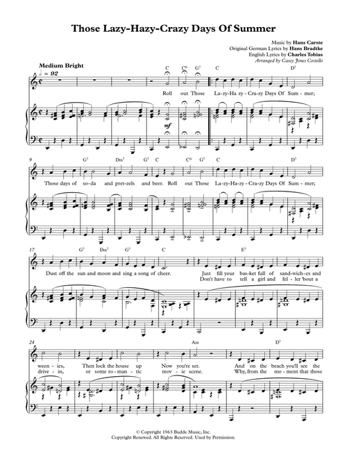 Those Lazy-hazy-crazy Days Of Summer (Arr. Casey Jones Costello) - Hans Bradtke, Charles Tobias, Hans Carste (Piano-Vocal-Guitar (Piano Accompaniment))
