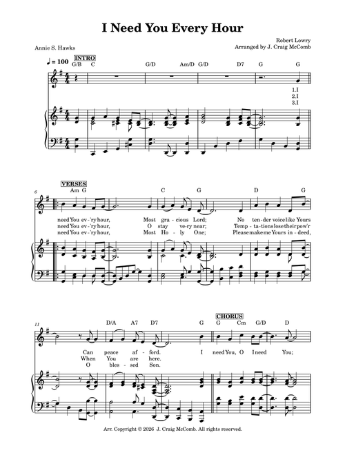 I Need You Every Hour (Arr. J. Craig McComb) - Robert Lowry (Piano-Vocal-Guitar (Piano Accompaniment))