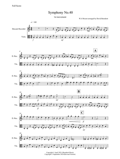 Symphony No.40 (1st movement) for Descant Recorder and Viola Duet (Arr. David Burndrett) - Wolfgang Amadeus Mozart (Instrumental Duet)