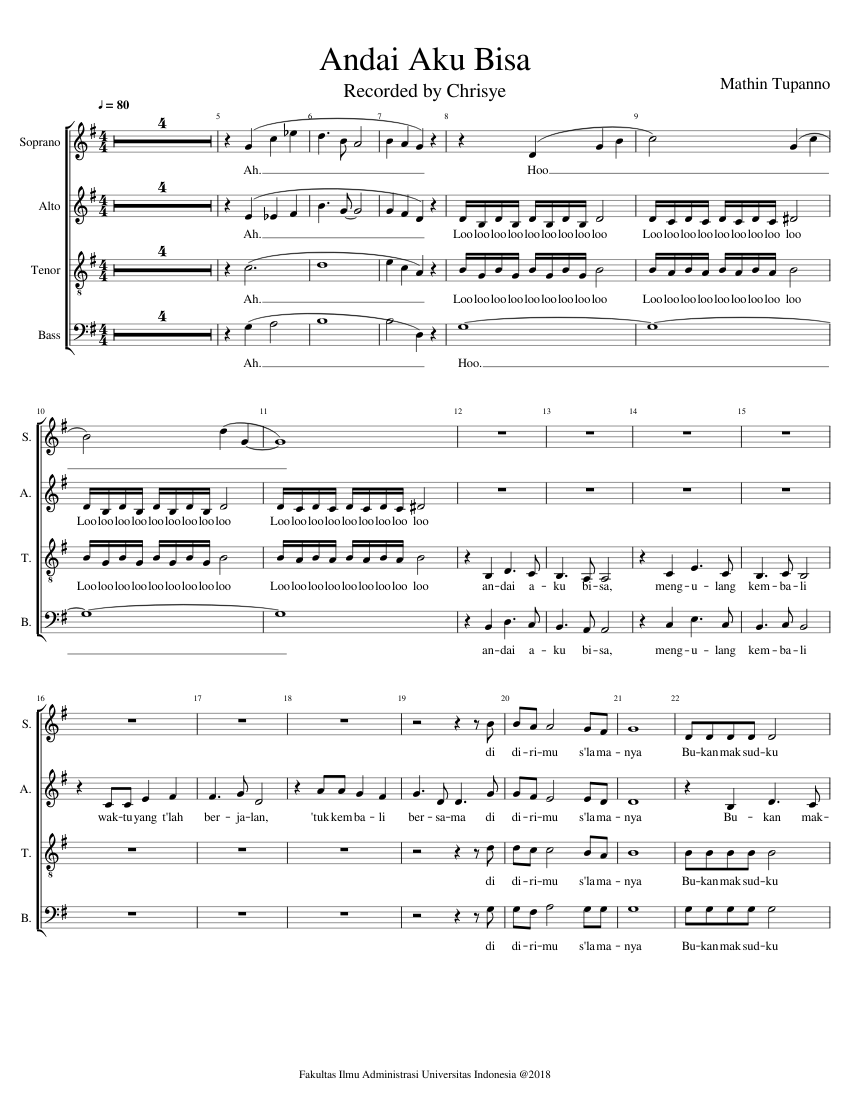 0 Andai Aku Bisa Sheet Music for Soprano, Alto, Tenor, Bass voice ...