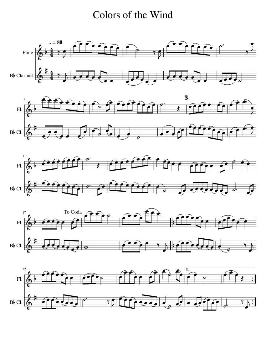 colors of the wind Sheet Music for Flute, Clarinet in b-flat (Woodwind ...