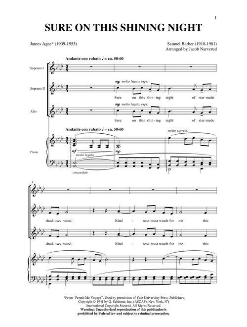Sure On This Shining Night (Arr. Jacob Narverud) - Samuel Barber, James Agee (Choral, SSA)