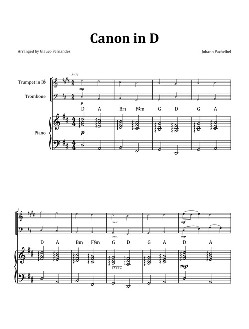 Canon by Pachelbel - Trumpet and Trombone Duet with Piano and Chord Notation (Arr. Glauco Fernandes) - Johann Pachelbel (Instrumental Duet and Piano)