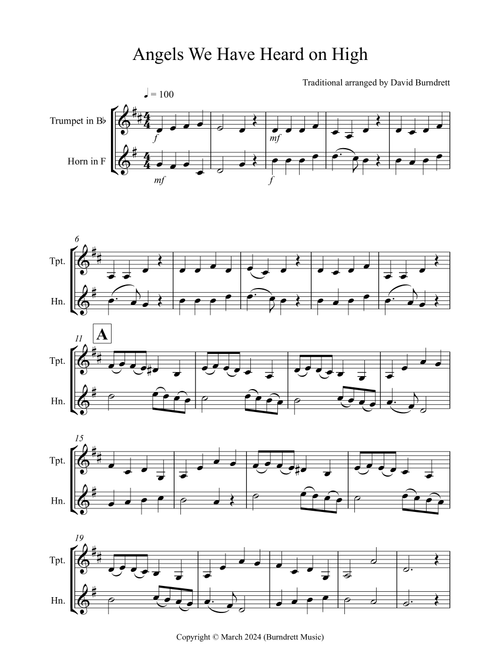 Angels We Have Heard on High for Trumpet and Horn Duet (Arr. David Burndrett) - Traditional (Instrumental Duet)