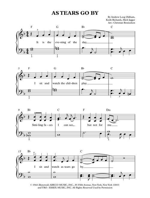 As Tears Go By (Arr. Christian Bennedsen) - The Rolling Stones (Easy Piano)