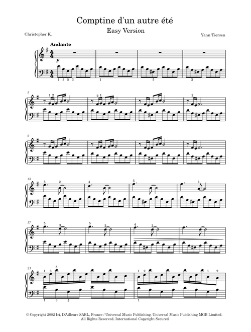 Comptine d'un autre été Easy Version
