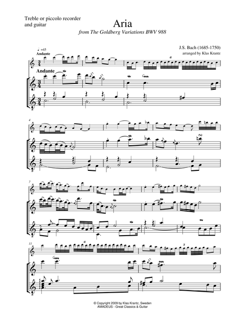 Aria (Goldberg var.) BWV 988, ornamented, for treble recorder and guitar (Arr. K. Krantz) - J.S. Bach (1685-1750) (Small Ensemble)