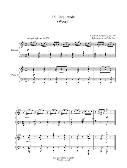 18. Inquiétude (Worry) 25 Progressive Studies Opus 100 for 2 pianos Friedrich Burgmüller (Arr. Philip Kim) (Piano Duet)