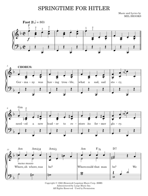 Springtime For Hitler - Mel Brooks, The Producers Musical (Easy Piano)