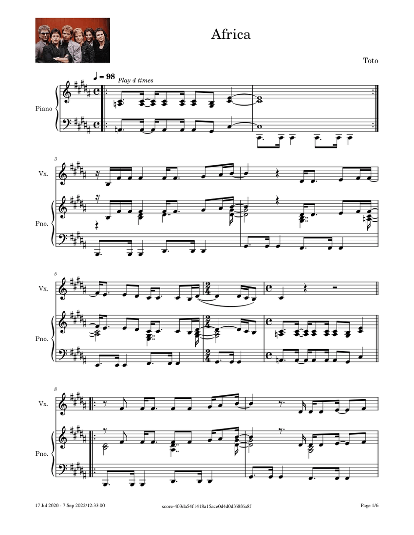 Africa Toto Sheet music for Piano, Vocals (PianoVoice)