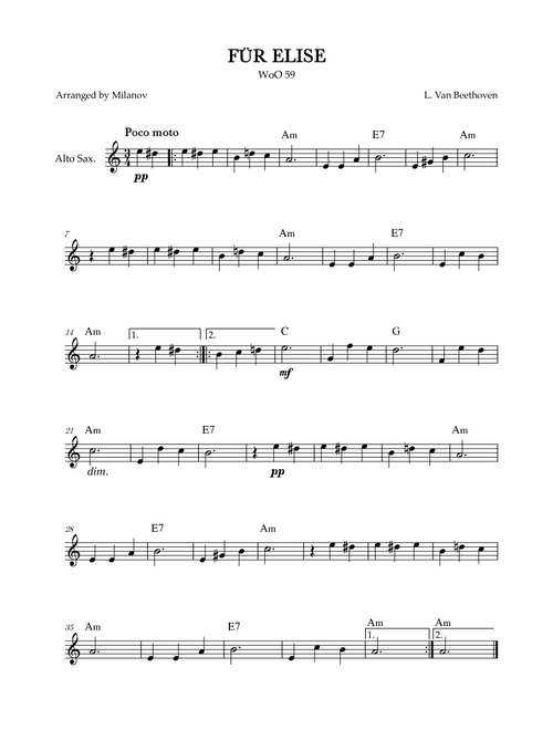 Fur Elise | WoO 59 | Beethoven | alto sax | easy | chords (Arr. Milanov) (Alto Sax Solo)
