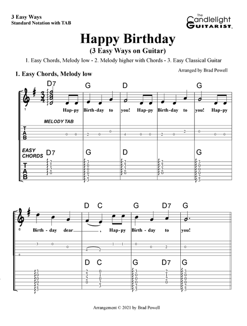 Happy Birthday (3 Easy Ways on Guitar) (Arr. Brad Powell (The Candlelight Guitarist)) - Traditional (Guitar Tab)