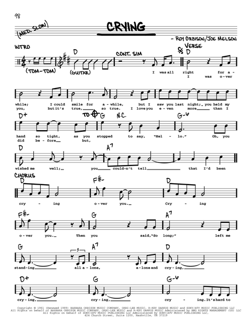 Crying - Roy Orbison, Don McLean, Jay & The Americans (Real Book - Melody-Chords-Lyrics)